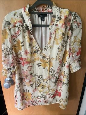 HAVER Floral Ruffle Tie Blouse - Cream with Yellow & Pink Blooms